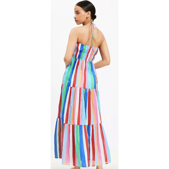 ANN TAYLOR LOFT Beach Halter Maxi Swimsuit Coverup Pocket Dress Candy Stripe NWT - Picture 2 of 14